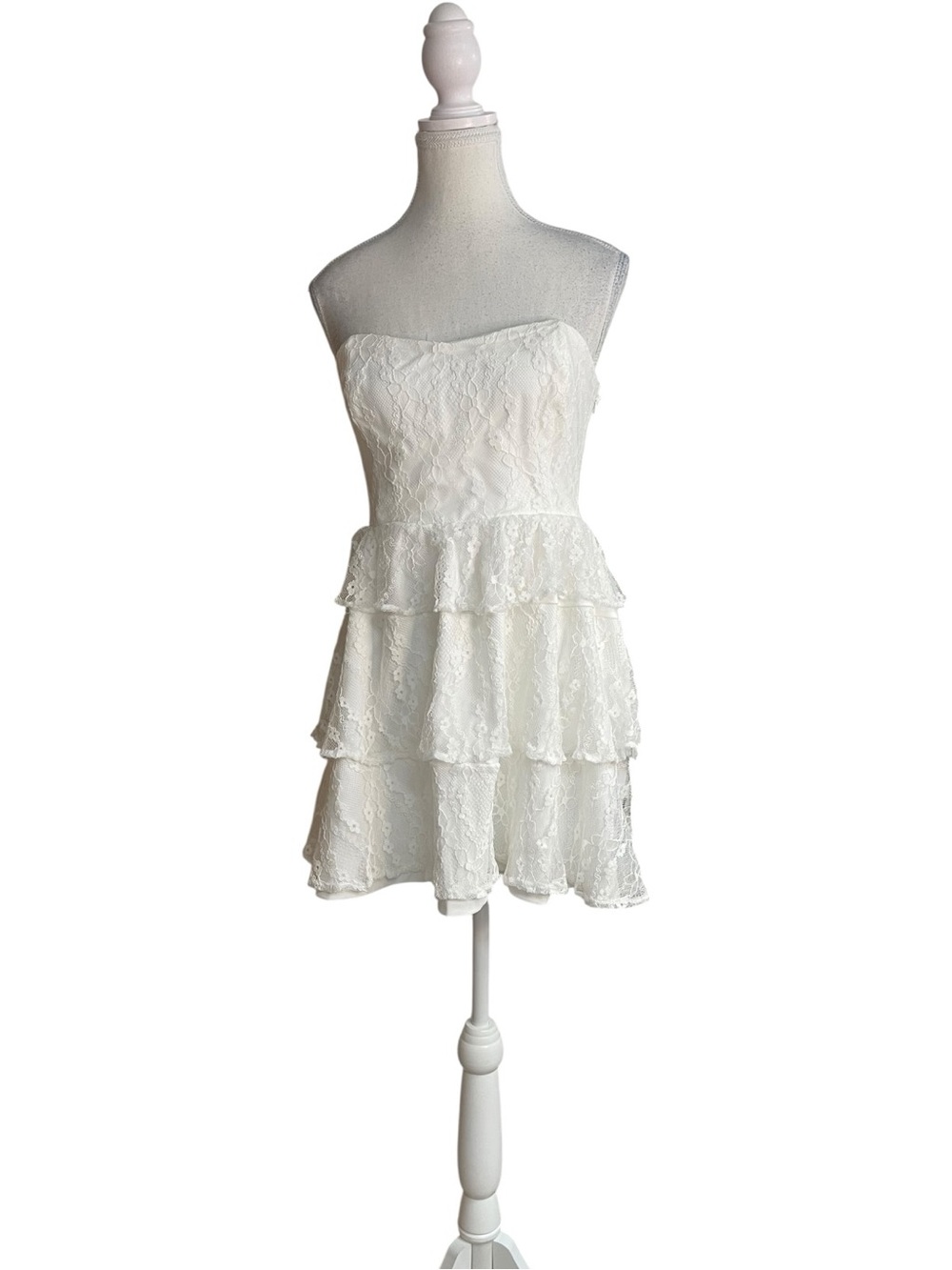 Lulus Sweet Perception Lace Strapless Tiered Mini Dress White